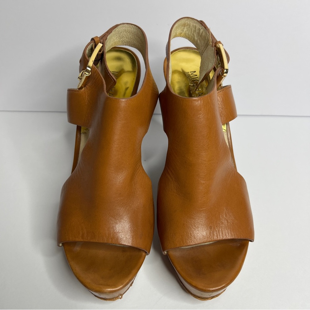 Michael Kors Josephine Leather Wedge Sandals Size 8.5 Tan Adjustable Ankle Strap